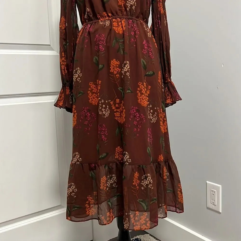 Gibson * Latimer Floral Brown Long Sleeve Midi Boho Dress size Small - Picture 4 of 9